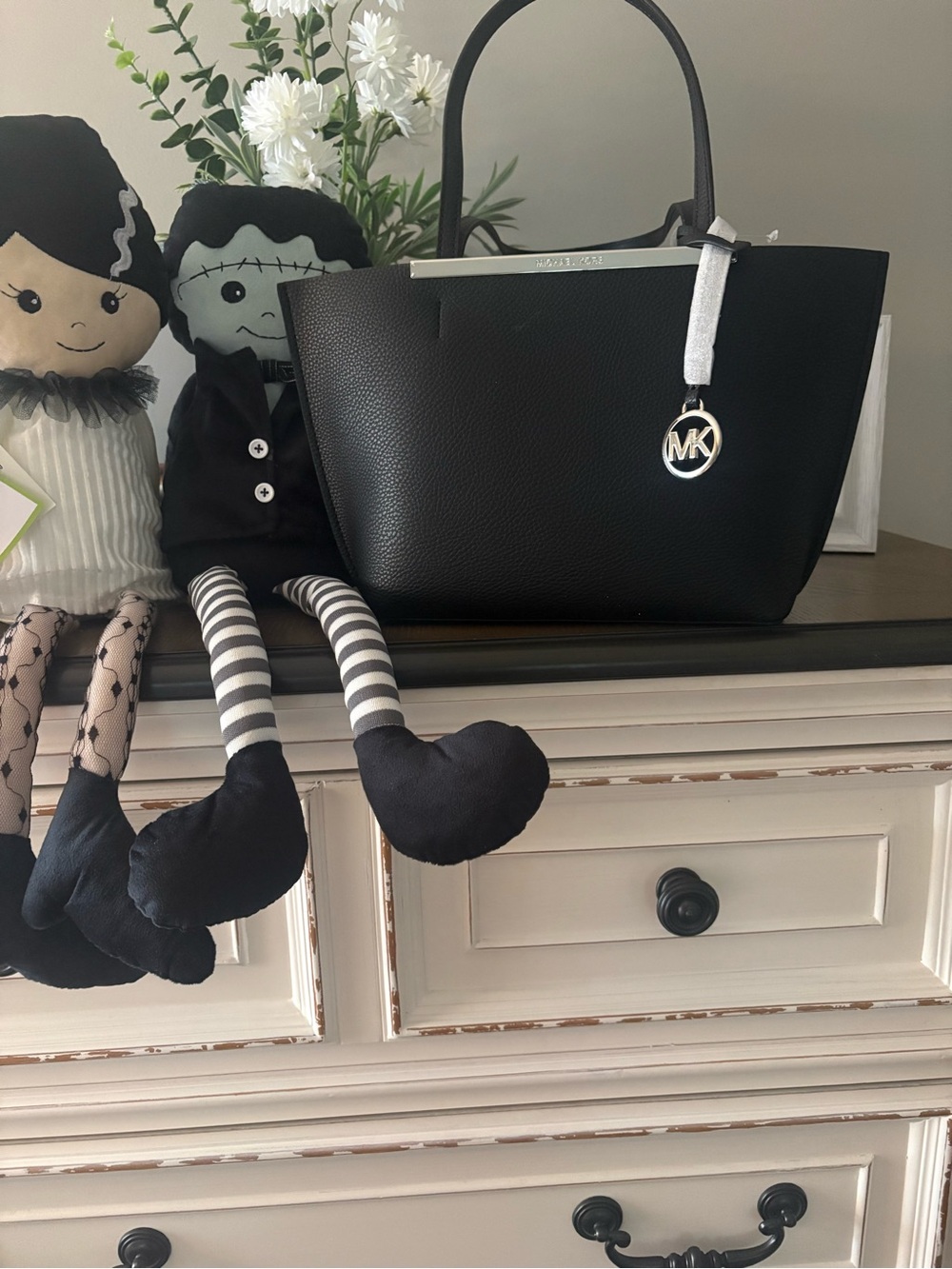 Michael Kors Black Pebbled Leather Tote with MK Charm
